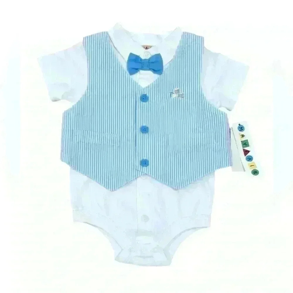 NWT -MAYFAIR baby boy 👶🏻 Romper with matching vest and bow tie